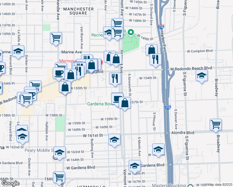 map of restaurants, bars, coffee shops, grocery stores, and more near 15517 New Hampshire Avenue in Gardena