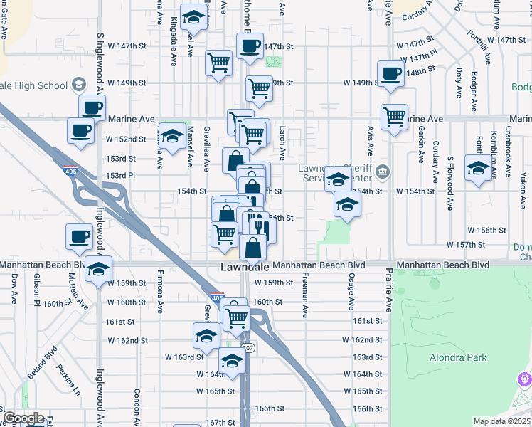map of restaurants, bars, coffee shops, grocery stores, and more near 4335 West 156th Street in Lawndale