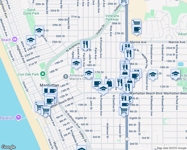 map of restaurants, bars, coffee shops, grocery stores, and more near 1699 North Poinsettia Avenue in Manhattan Beach