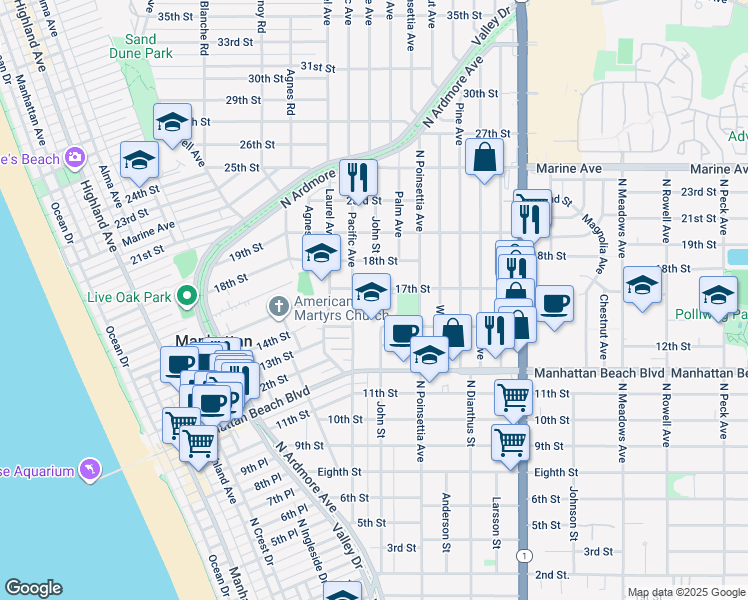 map of restaurants, bars, coffee shops, grocery stores, and more near 1200 Pacific Avenue in Manhattan Beach