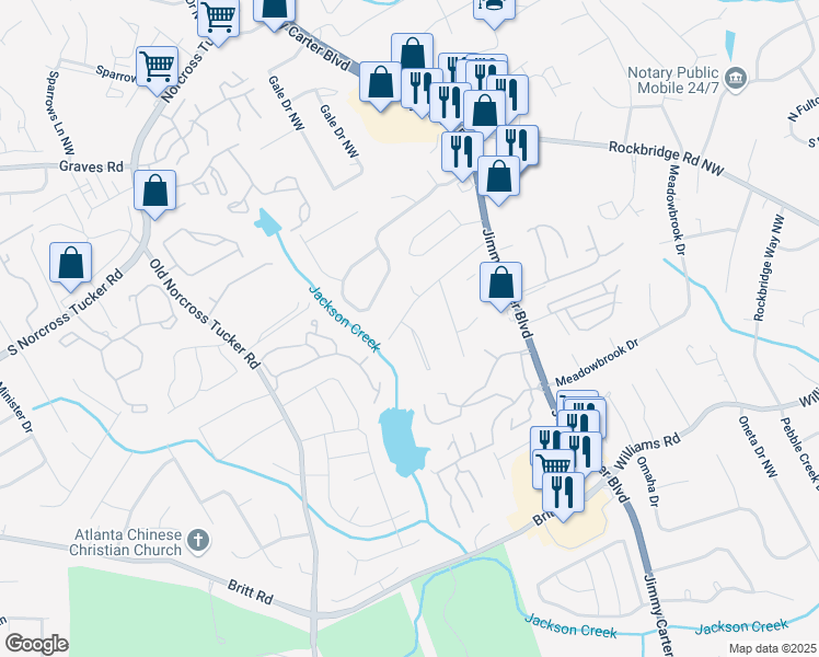 map of restaurants, bars, coffee shops, grocery stores, and more near 1168 Forest Vale Lane in Norcross