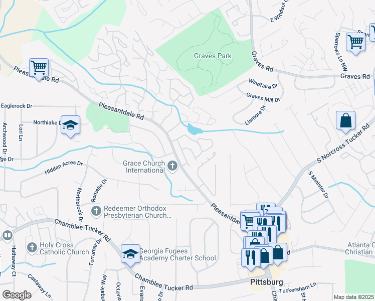 map of restaurants, bars, coffee shops, grocery stores, and more near 3398 Misty Harbor Trail in Atlanta