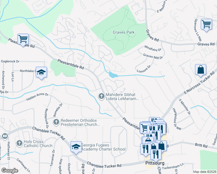 map of restaurants, bars, coffee shops, grocery stores, and more near 3402 Misty Harbor Trail in Doraville