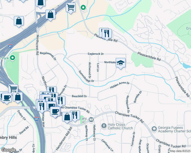 map of restaurants, bars, coffee shops, grocery stores, and more near 3398 Lori Lane in Atlanta