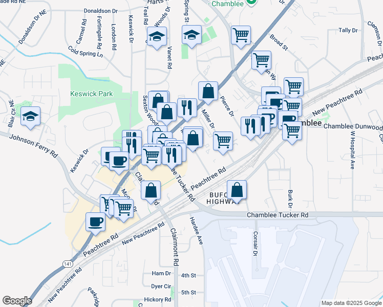 map of restaurants, bars, coffee shops, grocery stores, and more near 3400 Malone Drive in Atlanta