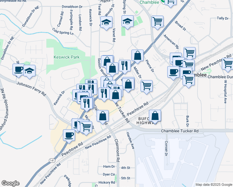 map of restaurants, bars, coffee shops, grocery stores, and more near 1900 Chamblee Tucker Road in Atlanta