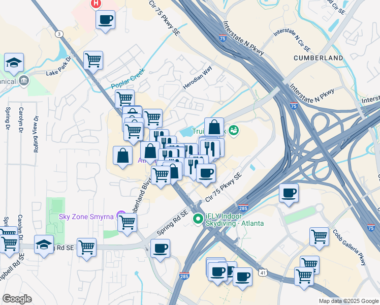 map of restaurants, bars, coffee shops, grocery stores, and more near 2761 Windy Ridge Parkway Southeast in Atlanta