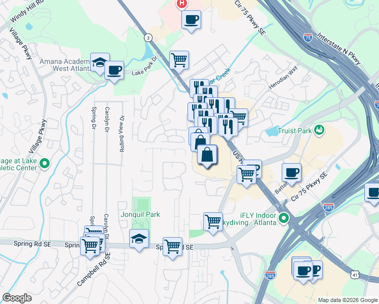 map of restaurants, bars, coffee shops, grocery stores, and more near 5110 Afton Way in Smyrna