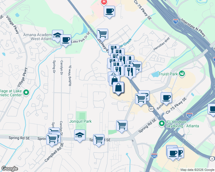 map of restaurants, bars, coffee shops, grocery stores, and more near 5110 Afton Way in Smyrna