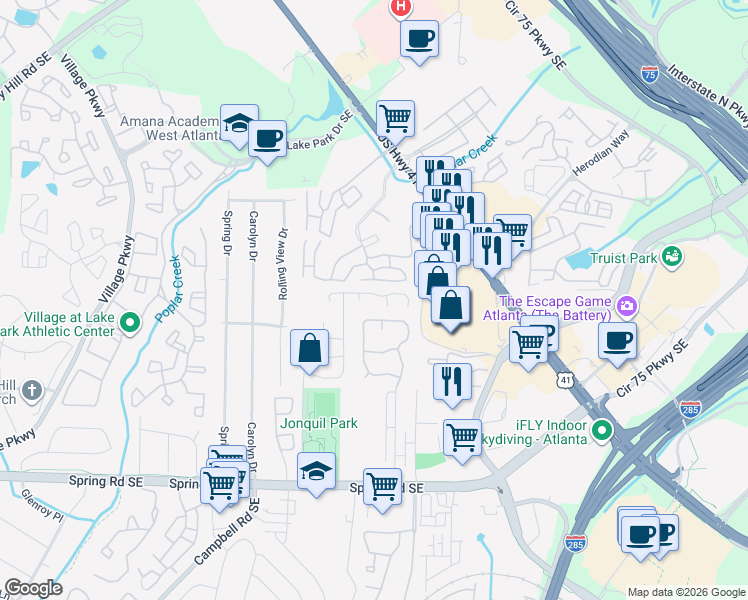 map of restaurants, bars, coffee shops, grocery stores, and more near 5158 Afton Way in Smyrna