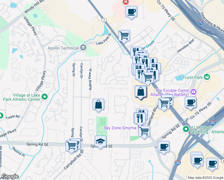 map of restaurants, bars, coffee shops, grocery stores, and more near 5158 Afton Way in Smyrna