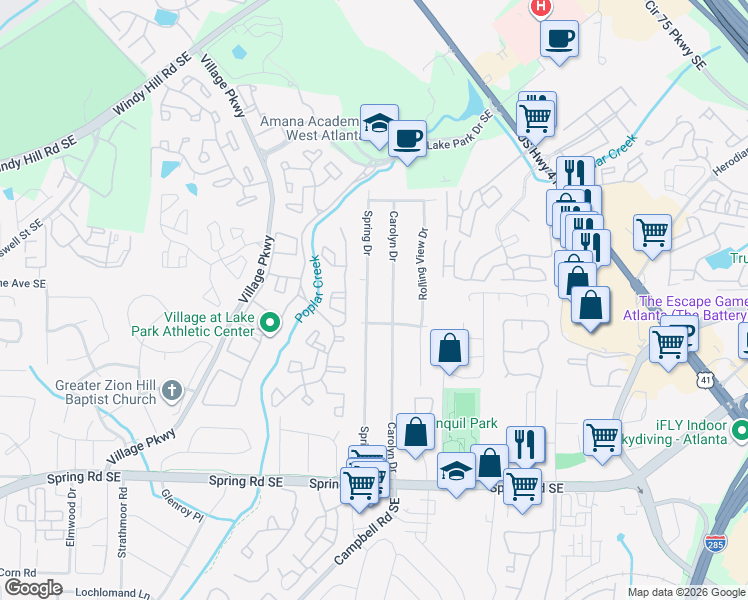 map of restaurants, bars, coffee shops, grocery stores, and more near 2586 Spring Drive in Smyrna