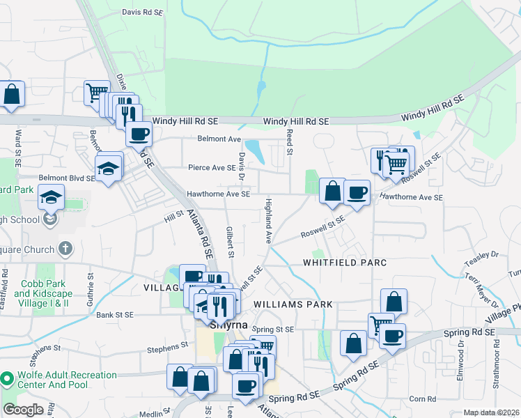 map of restaurants, bars, coffee shops, grocery stores, and more near 1386 Marston Street Southeast in Smyrna