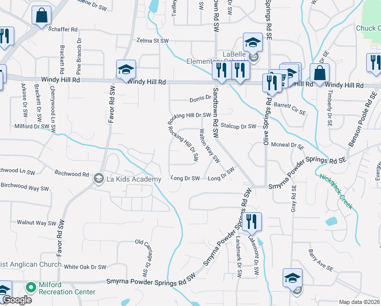 map of restaurants, bars, coffee shops, grocery stores, and more near 282 Rocking Hill Drive Southwest in Marietta