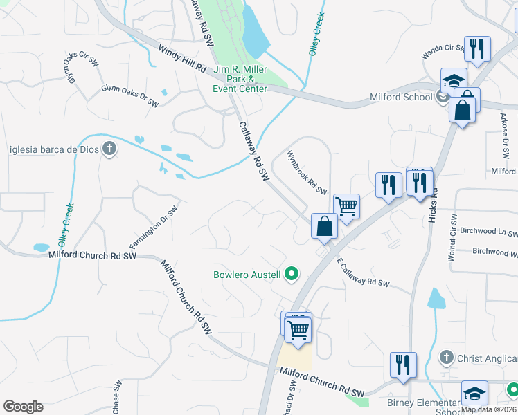 map of restaurants, bars, coffee shops, grocery stores, and more near 1113 Havel Drive Southwest in Marietta