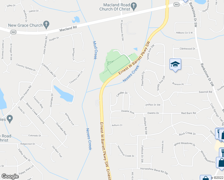 map of restaurants, bars, coffee shops, grocery stores, and more near 2808 Candler Run in Marietta