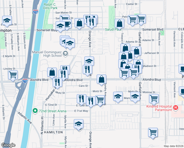 map of restaurants, bars, coffee shops, grocery stores, and more near 7021 Alondra Boulevard in Paramount