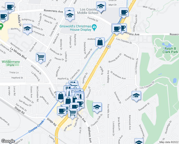 map of restaurants, bars, coffee shops, grocery stores, and more near 4868 Estepona Way in Buena Park