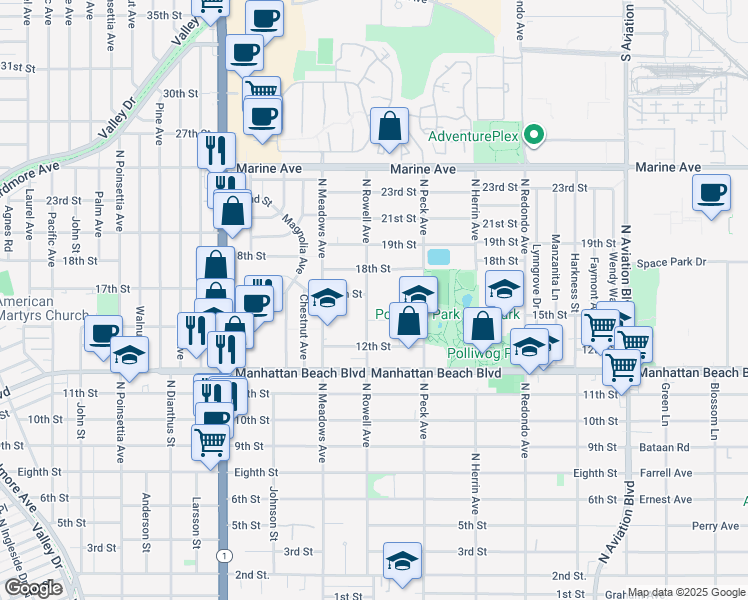 map of restaurants, bars, coffee shops, grocery stores, and more near 1421 15th Street in Manhattan Beach