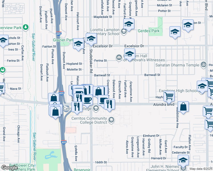 map of restaurants, bars, coffee shops, grocery stores, and more near 15503 Crossdale Avenue in Norwalk
