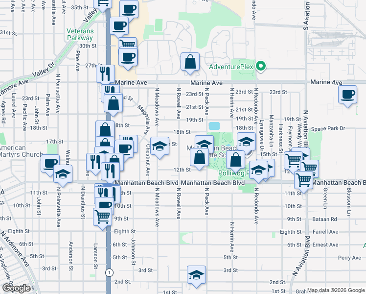 map of restaurants, bars, coffee shops, grocery stores, and more near 1406 17th Street in Manhattan Beach