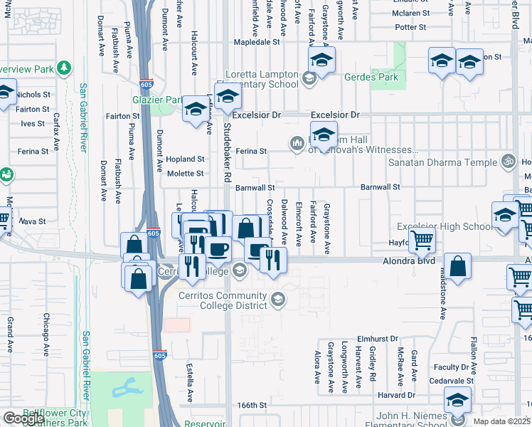 map of restaurants, bars, coffee shops, grocery stores, and more near 15503 Crossdale Avenue in Norwalk
