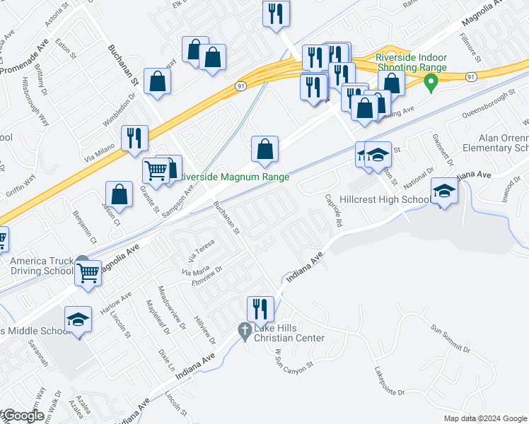map of restaurants, bars, coffee shops, grocery stores, and more near 3663 Buchanan Street in Riverside