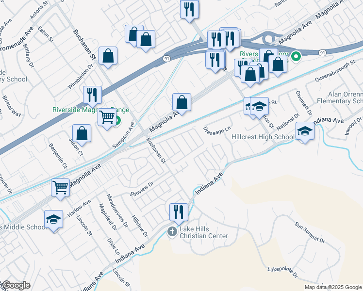 map of restaurants, bars, coffee shops, grocery stores, and more near 3663 Buchanan Street in Riverside