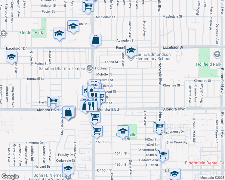 map of restaurants, bars, coffee shops, grocery stores, and more near 11902 Lowemont Street in Norwalk