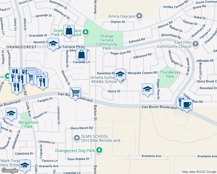 map of restaurants, bars, coffee shops, grocery stores, and more near 8873 Gumtree Lane in Riverside