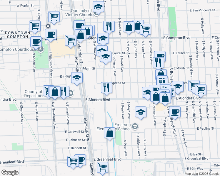 map of restaurants, bars, coffee shops, grocery stores, and more near 720 East Cocoa Street in Compton