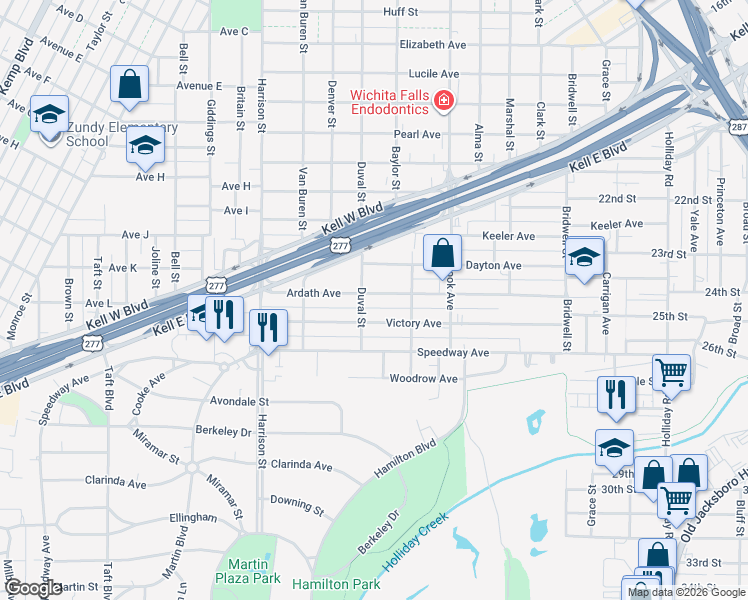 map of restaurants, bars, coffee shops, grocery stores, and more near 1810 Victory Avenue in Wichita Falls