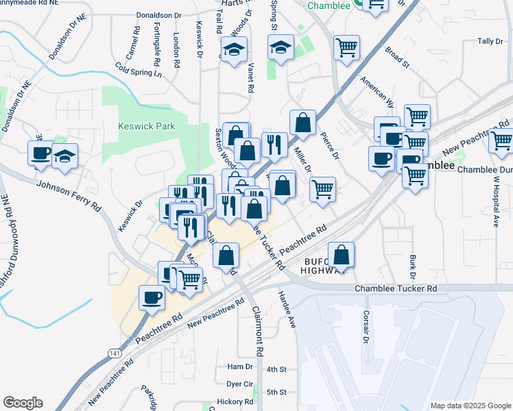 map of restaurants, bars, coffee shops, grocery stores, and more near 5193 Peachtree Boulevard in Atlanta