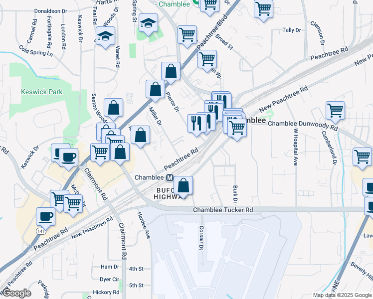 map of restaurants, bars, coffee shops, grocery stores, and more near 5300 Peachtree Road in Chamblee