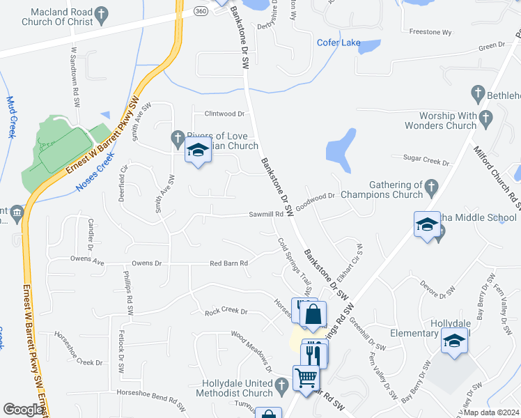 map of restaurants, bars, coffee shops, grocery stores, and more near 2384 Sawmill Road in Marietta