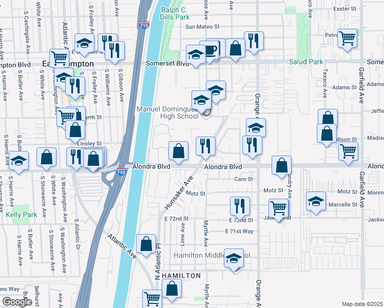map of restaurants, bars, coffee shops, grocery stores, and more near 6708 Festina Drive in Paramount