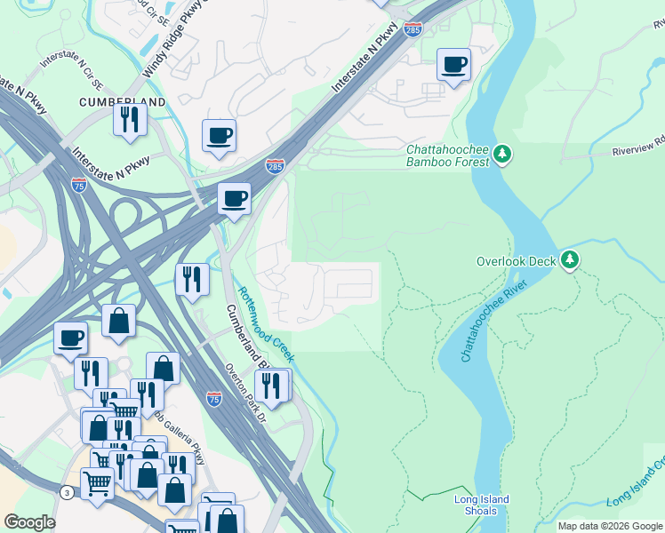 map of restaurants, bars, coffee shops, grocery stores, and more near 3689 Chattahoochee Summit Drive Southeast in Atlanta