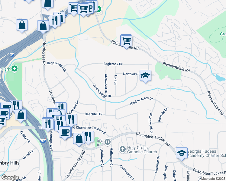 map of restaurants, bars, coffee shops, grocery stores, and more near 3398 Lori Lane in Atlanta