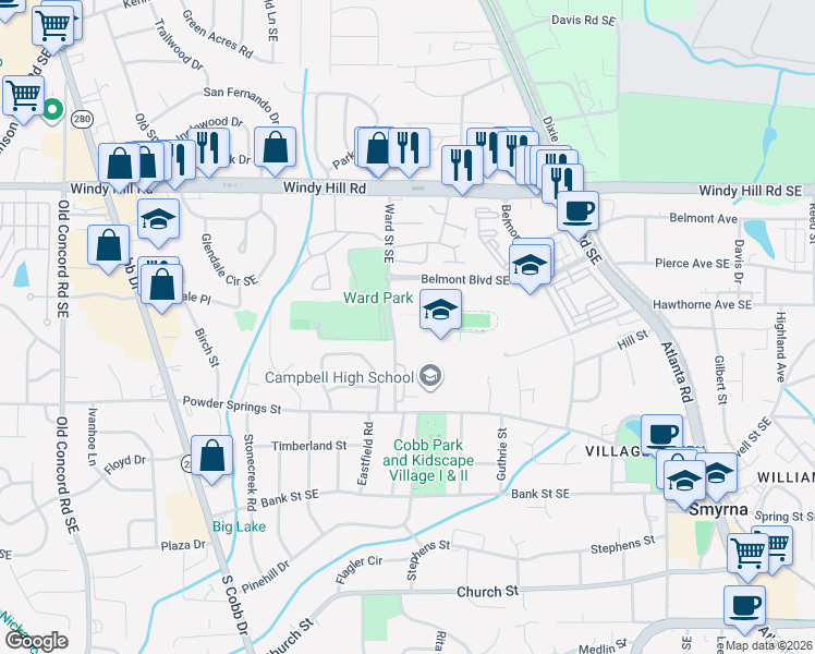 map of restaurants, bars, coffee shops, grocery stores, and more near 5265 Ward Street Southeast in Smyrna