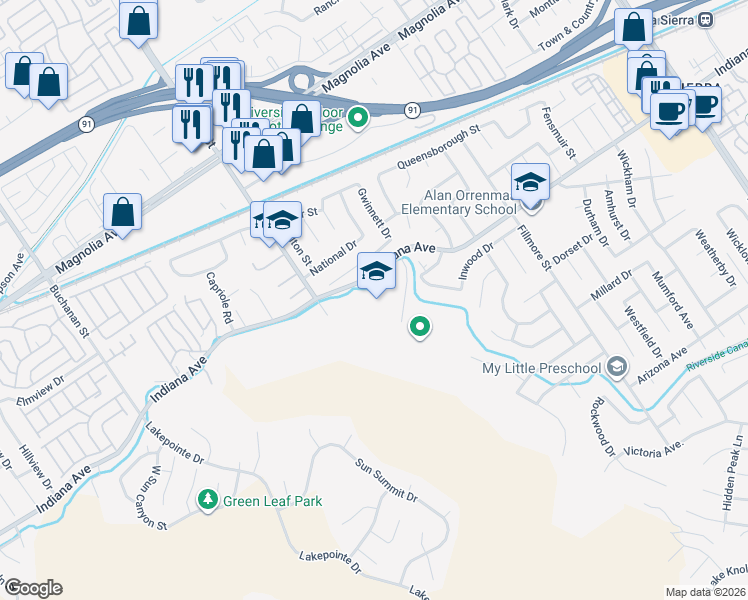 map of restaurants, bars, coffee shops, grocery stores, and more near 11800 Indiana Avenue in Riverside