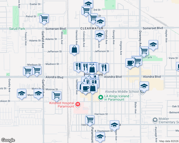 map of restaurants, bars, coffee shops, grocery stores, and more near 7907 Alondra Boulevard in Paramount