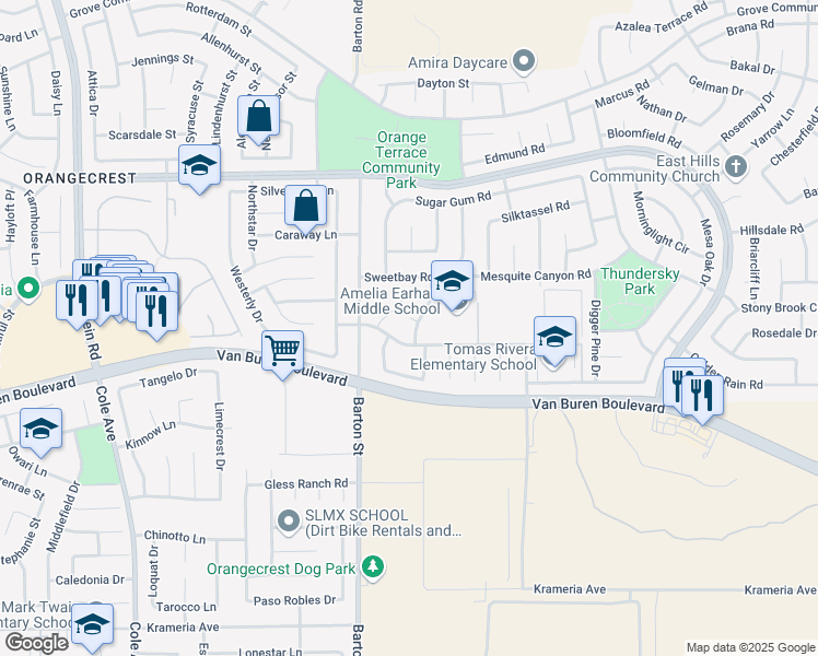 map of restaurants, bars, coffee shops, grocery stores, and more near 8873 Gumtree Lane in Riverside