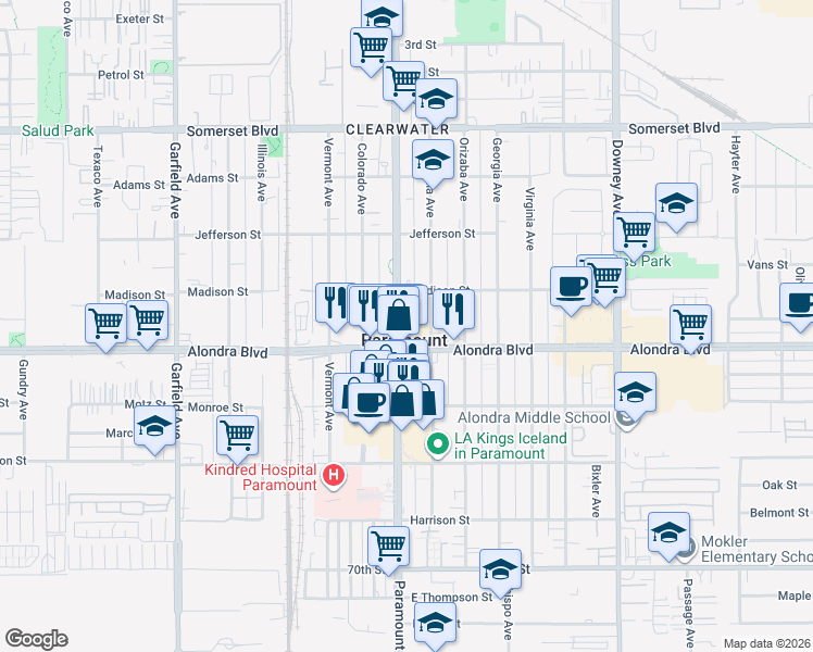map of restaurants, bars, coffee shops, grocery stores, and more near 15740 Paramount Boulevard in Paramount