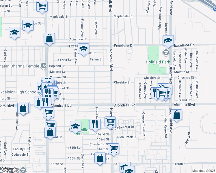 map of restaurants, bars, coffee shops, grocery stores, and more near 12157 Lowemont Street in Norwalk