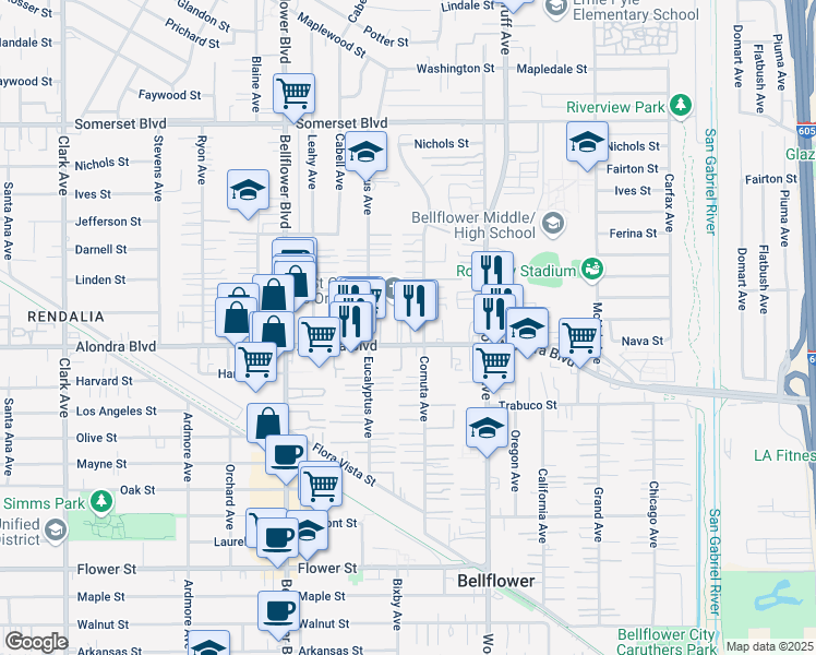 map of restaurants, bars, coffee shops, grocery stores, and more near 10043 Alondra Boulevard in Bellflower