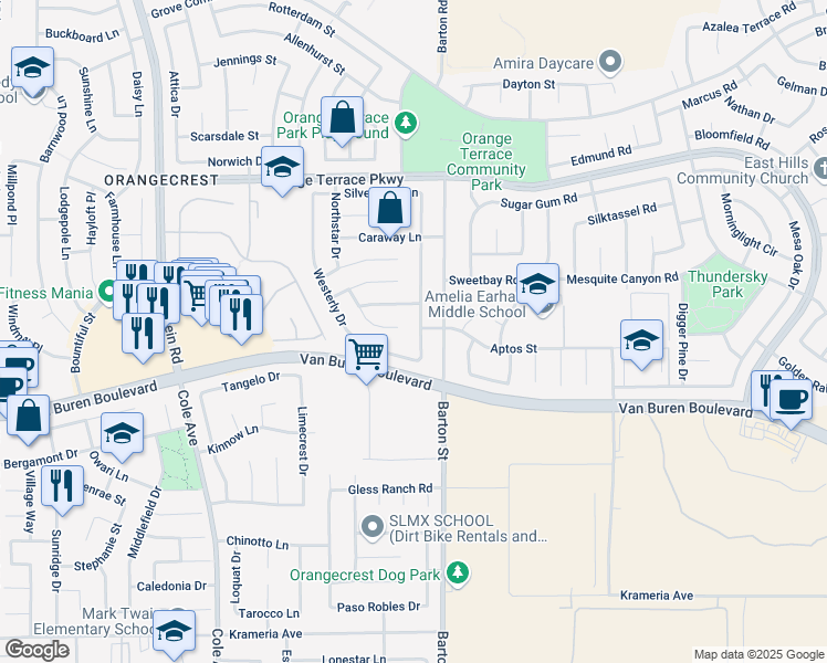 map of restaurants, bars, coffee shops, grocery stores, and more near 8931 Kentville Street in Riverside