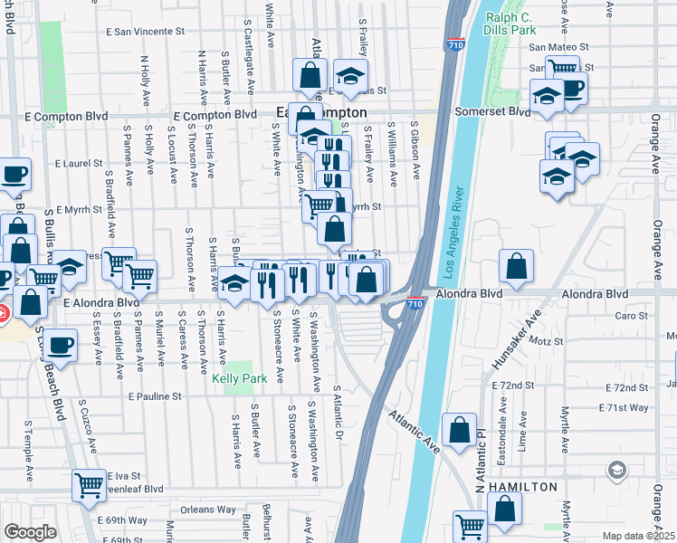 map of restaurants, bars, coffee shops, grocery stores, and more near 15722 Atlantic Avenue in Compton