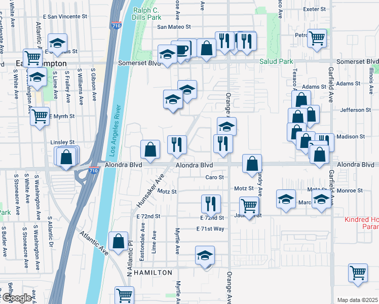 map of restaurants, bars, coffee shops, grocery stores, and more near 6708 Festina Drive in Paramount