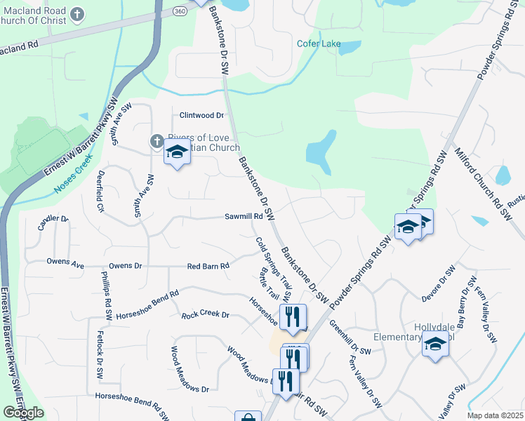 map of restaurants, bars, coffee shops, grocery stores, and more near 2344 Sawmill Road in Marietta