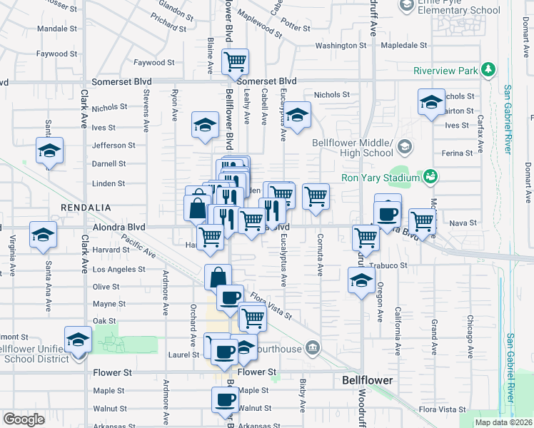 map of restaurants, bars, coffee shops, grocery stores, and more near 9863 Alondra Boulevard in Bellflower